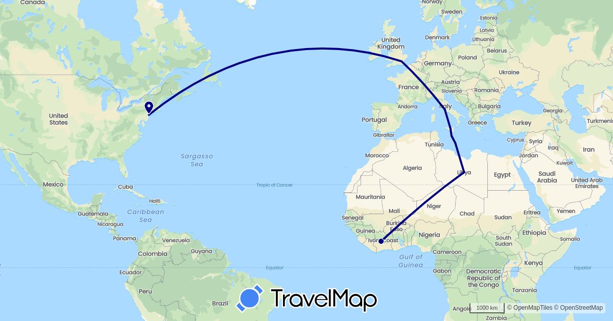TravelMap itinerary: driving in Côte d'Ivoire, United Kingdom, Italy, Libya, Malta, United States (Africa, Europe, North America)